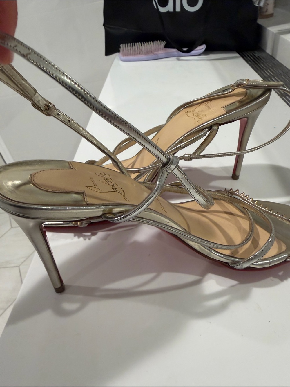 Christian Louboutin Silver Metallic Strappy Spike Sandals - Picture 3 of 9